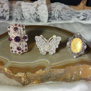 3 Silver Tone Rhinestone Adjustable Rings